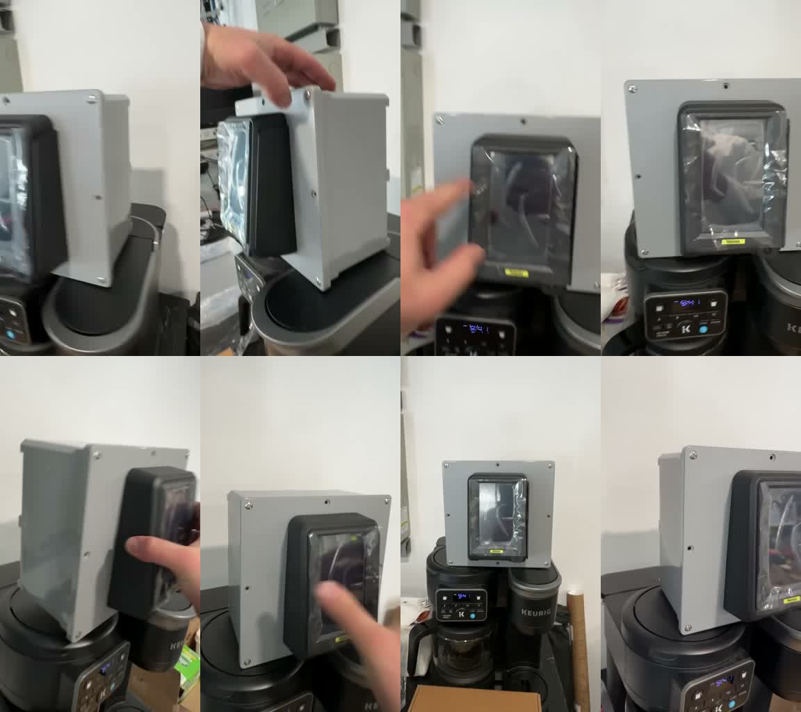 Eight frames from the client's video: a light-grey enclosure with a black payment terminal set into a centre cut-out